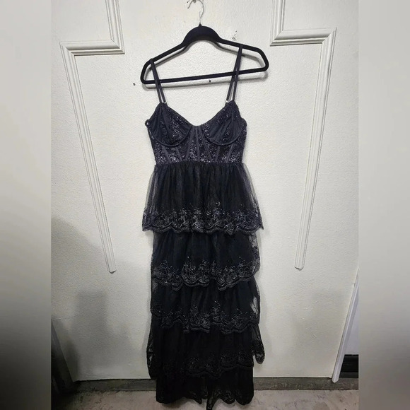 Lulus Alluring Sensation Black Tulle Embroidered Tiered Maxi Dress Party Prom - Picture 6 of 13